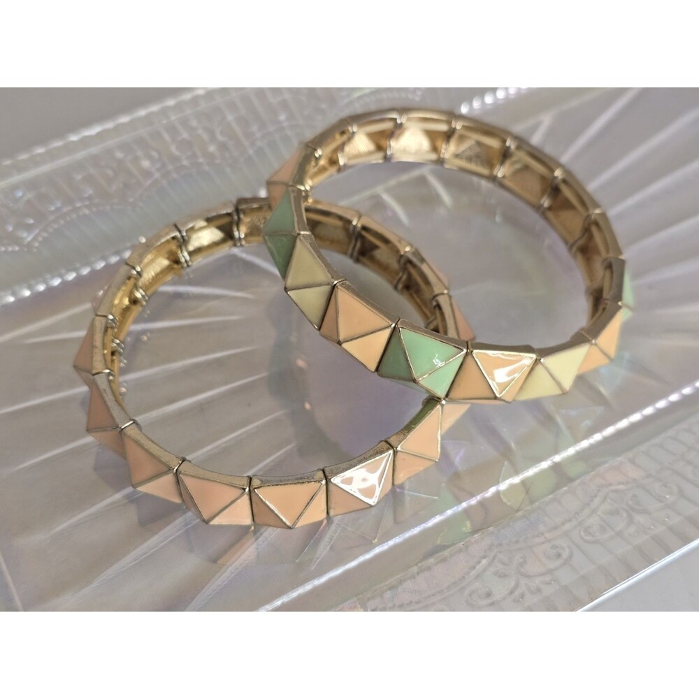 Vintage Pastel Stretch Bracelet Set Lot Gold Tone Geometric Pyramid Retro #1010